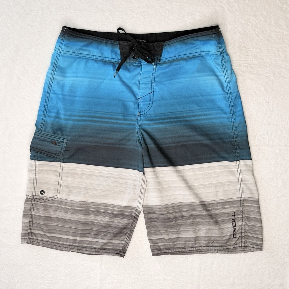 O'Neill Blue Gray Striped Board Shorts 11" Mens Swim Trunks Surf Beach 32 Skater